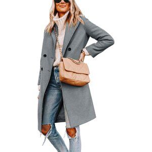 ✨LNKQA Women Grey Notch Lapel Double Breasted Pea Coat Mid Long Trench Overcoat